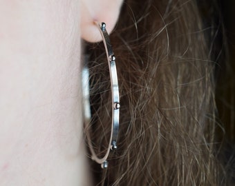 Large Sterling Silver Dotted Gypsy Hoop Earrings, Oxidized Silver, Gothic Style