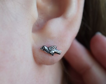 Rustic Sterling Silver Bird Stud Earrings, Everyday Studs