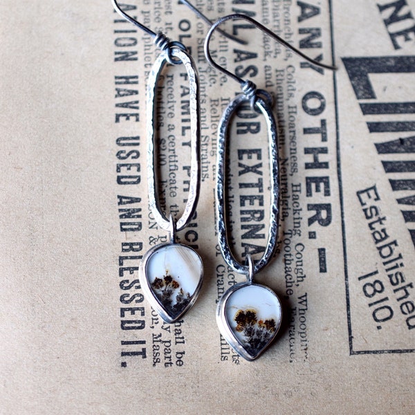 Dendritic Agate Dangle Earrings, Teardrop Stones, Sterling Silver, Hammered Texture