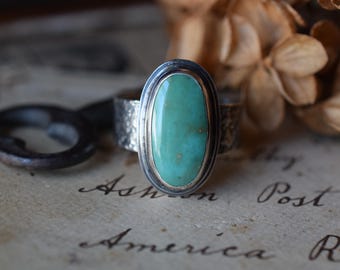 Natural American Turquoise and Sterling Silver Ring with Wide Textured Band, Royston Mine Turquoise