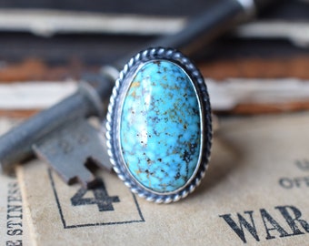 Turquoise Statement Ring, Sterling Silver and Natural Turquoise Mountain Turquoise, Size 7 1/2