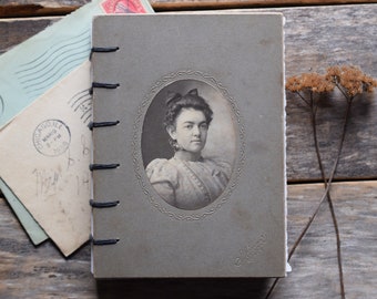 Small Chunky Hand Stitched Journal with Vintage Cabinet Card Cover, Vintage Photograph, Black and White, Deckled Edge