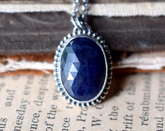 Natural Blue Sapphire Sterling Silver Pendant, Rose Cut Stone, Classic Style Setting