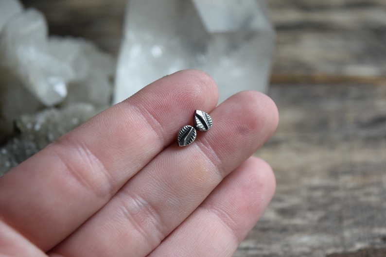 May include: A pair of silver leaf stud earrings. The earrings are small and delicate, with a simple design.