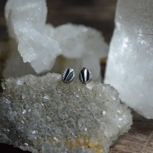 May include: A pair of silver stud earrings with a black and white geometric design. The earrings are displayed on a bed of white crystals.