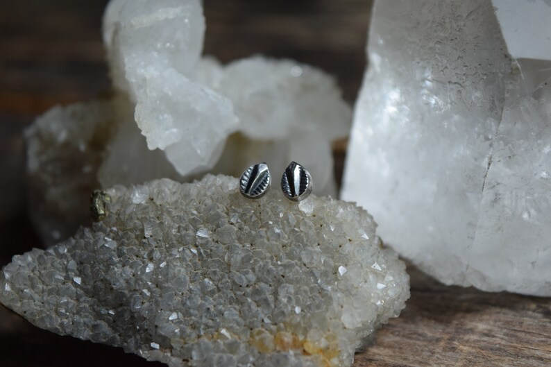May include: A pair of silver stud earrings with a black and white geometric design. The earrings are displayed on a bed of white crystals.