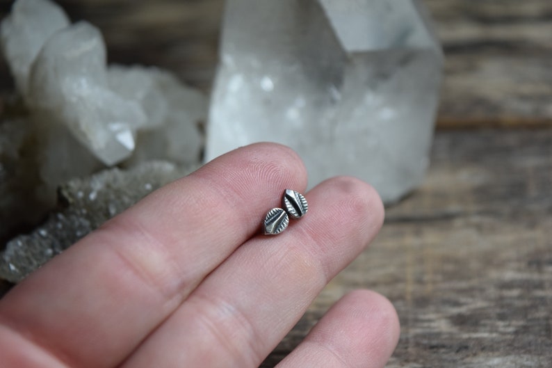 May include: A pair of silver stud earrings with a leaf design.