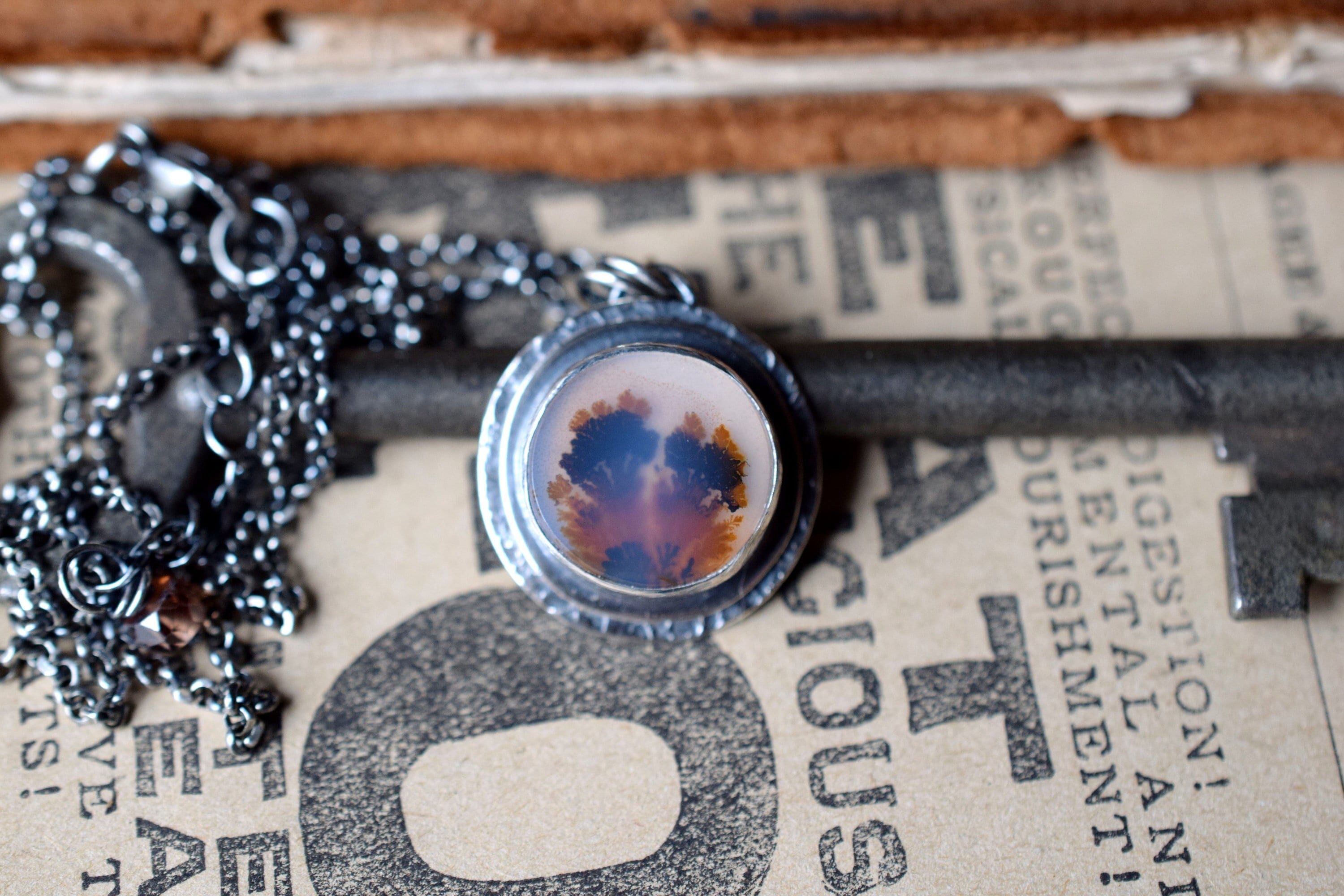 Orange and Black Dendritic Agate Pendant, Sterling Silver, Hammered Texture