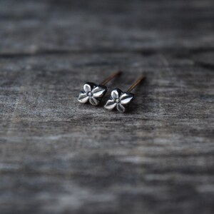 May include: A pair of silver flower stud earrings. The earrings are small and delicate, with a simple design.