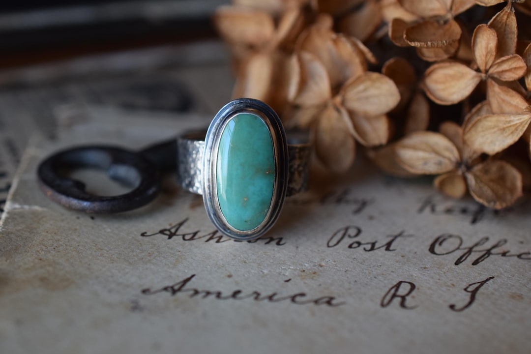 Natural American Turquoise and Sterling Silver Ring With Wide Textured ...