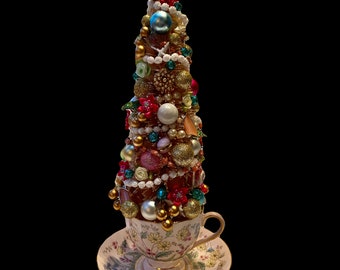 Decorated mini teacup tree, jewelry tree, Christmas decor, bottle brush tree