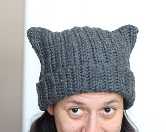Lindo gorro con orejas de gato - Gorro de gato de crochet hecho a mano - Gorro de invierno de gatito - Gorro hecho a mano - Cuadrado de crochet con orejas de gato - Gorro con orejas de gato puntiagudas