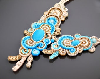 Gold turquoise ecru necklace Soutache with Jadeite.