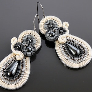 Gray graphite ecru soutache earrings with Hematite.
