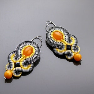 Yellow silver gray Soutache earrings with Jadeite.