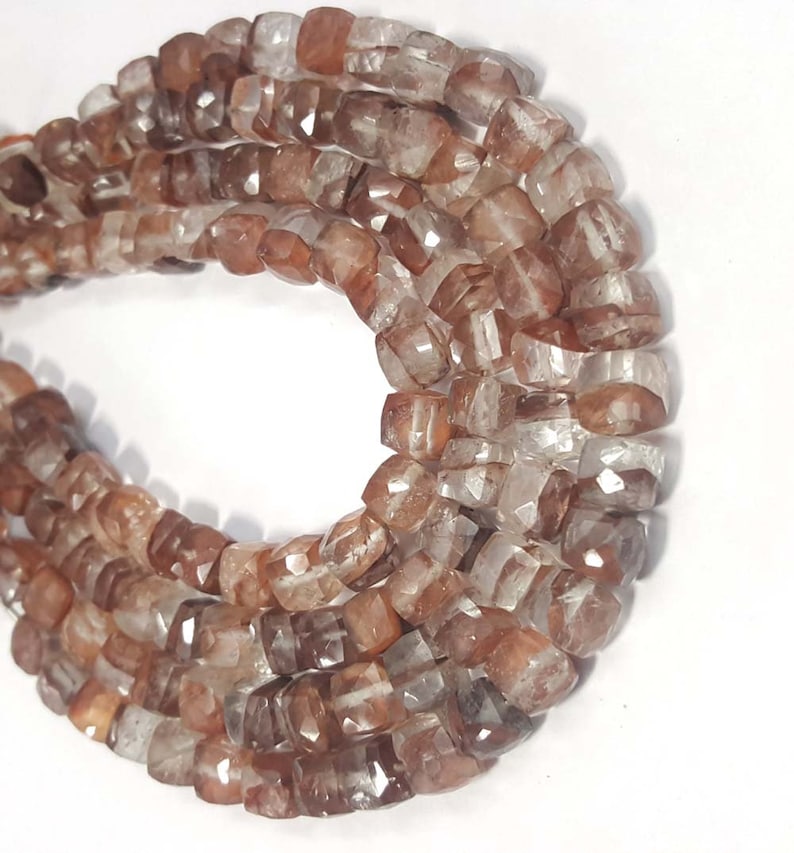 Quartz Stone 7-8mm Brown Rutilated Quartz Faceted 3D Cube Shape Briolettes Loose Beads 8inch strand