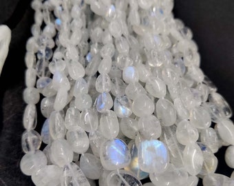 10 Perles Pierre De Lune Arc-en-ciel - Nuggets Olives Ovales 6-10mm - Blanc Bleuté - Neuf Pour Création Bijoux