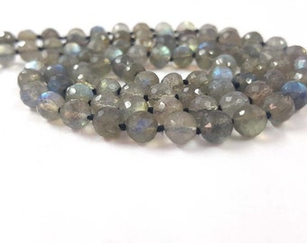 Blue Flash Labradorite Gemstone Beads, Natural Labradorite Faceted Round Balls Beads 5.5-6mm, Handmade Knotted Mala 108 Necklace