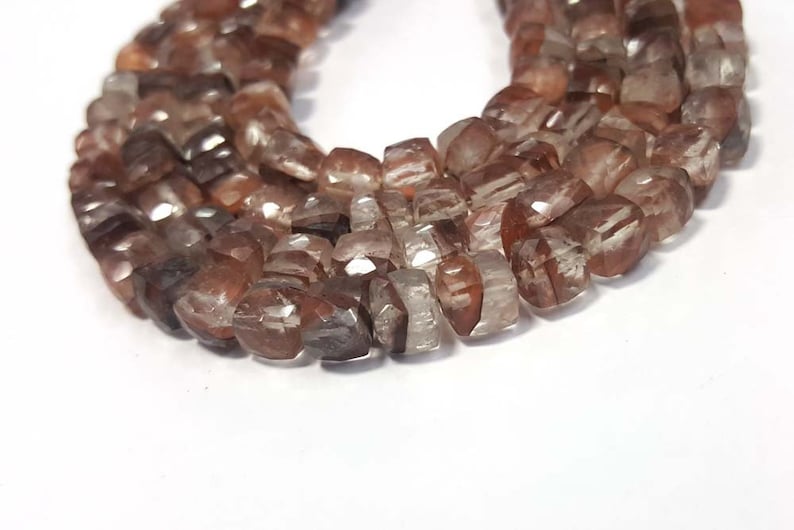 Quartz Stone 7-8mm Brown Rutilated Quartz Faceted 3D Cube Shape Briolettes Loose Beads 8inch strand