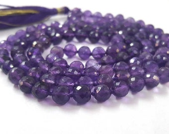 Violet améthyste pierres précieuses, perles de boules rondes à facettes d’améthyste naturelle 5.5-6mm, collier de Mala noué à la main 108