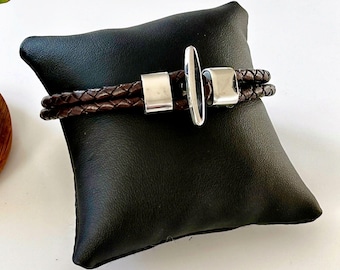 Brown Braided Leather Bracelet, Stainless Steel T-Bar Clasp, Minimalist gift, Unisex Accessory