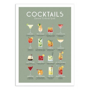 May include: A green poster with the title "Cocktails: Essential Cocktails Guide". The poster features illustrations of 12 different cocktails with their names and ingredients listed below each image.