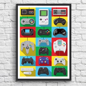 Könnte beinhalten: Ein gerahmter Druck mit einem Raster von Retro-Videospiel-Controllern. Jeder Controller, in Schwarz-, Grau- und Weißtönen, ist vor einem farbenfrohen Hintergrund platziert. Ein nostalgisches Stück für Gamer.