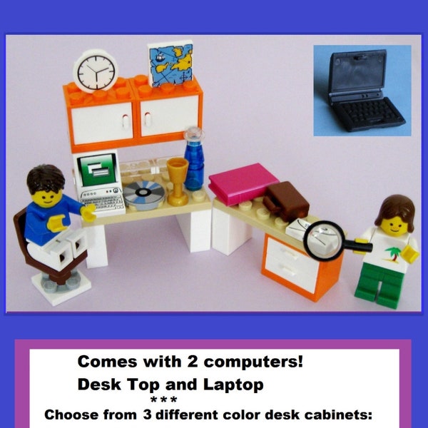 Custom Computer Desk with Two Computers: Lap Top + Desk Top **3 Cabinet Colors ***No Minifigures!*** Tech IT Cake Topper Decoration Playset