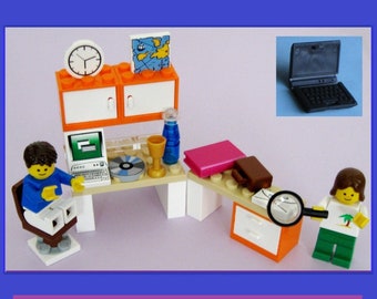 Custom Computer Desk with Two Computers: Lap Top + Desk Top **3 Cabinet Colors ***No Minifigures!*** Tech IT Cake Topper Decoration Playset