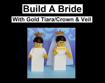 Custom "Build A Bride" with Gold Tiara Crown & Veil - One or Two Brides, Wedding Gown Dress Minifigure Cake Topper - Made of Lego Bricks