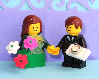 Choose Dress & Hair Color  - Flower Girl Ring Bearer Minifigures Themed Wedding Mini Cake Bride Groom Gift Favor - Made of Lego Bricks