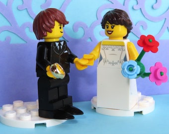 Custom 2-Sided Head Funny Scared or Smile Bride & Groom Wedding Engagement Cake Cupcake Display Topper Gold Ring - Made of Lego Bricks Party
