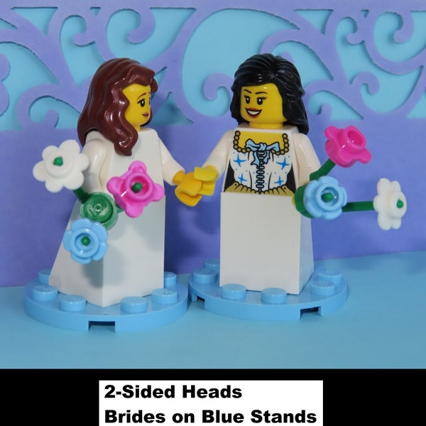 Funny 2-sided Head Lesbian Wedding, Choose Hair Colors, Brides, Scared Gown Minifigure Same Sex Cake Topper- Made of Lego Bricks LGBT Comic