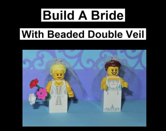 Custom "Build A Bride" with Veil & Print Skirt - One or Two Brides Wedding Bridal Gown Dress Minifigure Cake Topper - Made of Lego Bricks