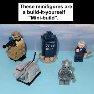 May include: A selection of build-it-yourself "Mini-build" minifigures. The set includes a tan and black Dalek, a blue police box, a Cyberman, a figure with a suit, and a grey robot dog.
