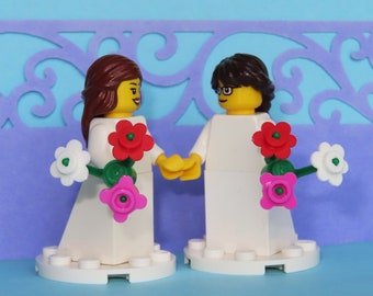 Lesbian Wedding Brides Choose Glasses & Hair Color, Formal Dress, Gown Minifigure Same Sex Cake Topper Bouquet Flowers -Made of Lego Bricks