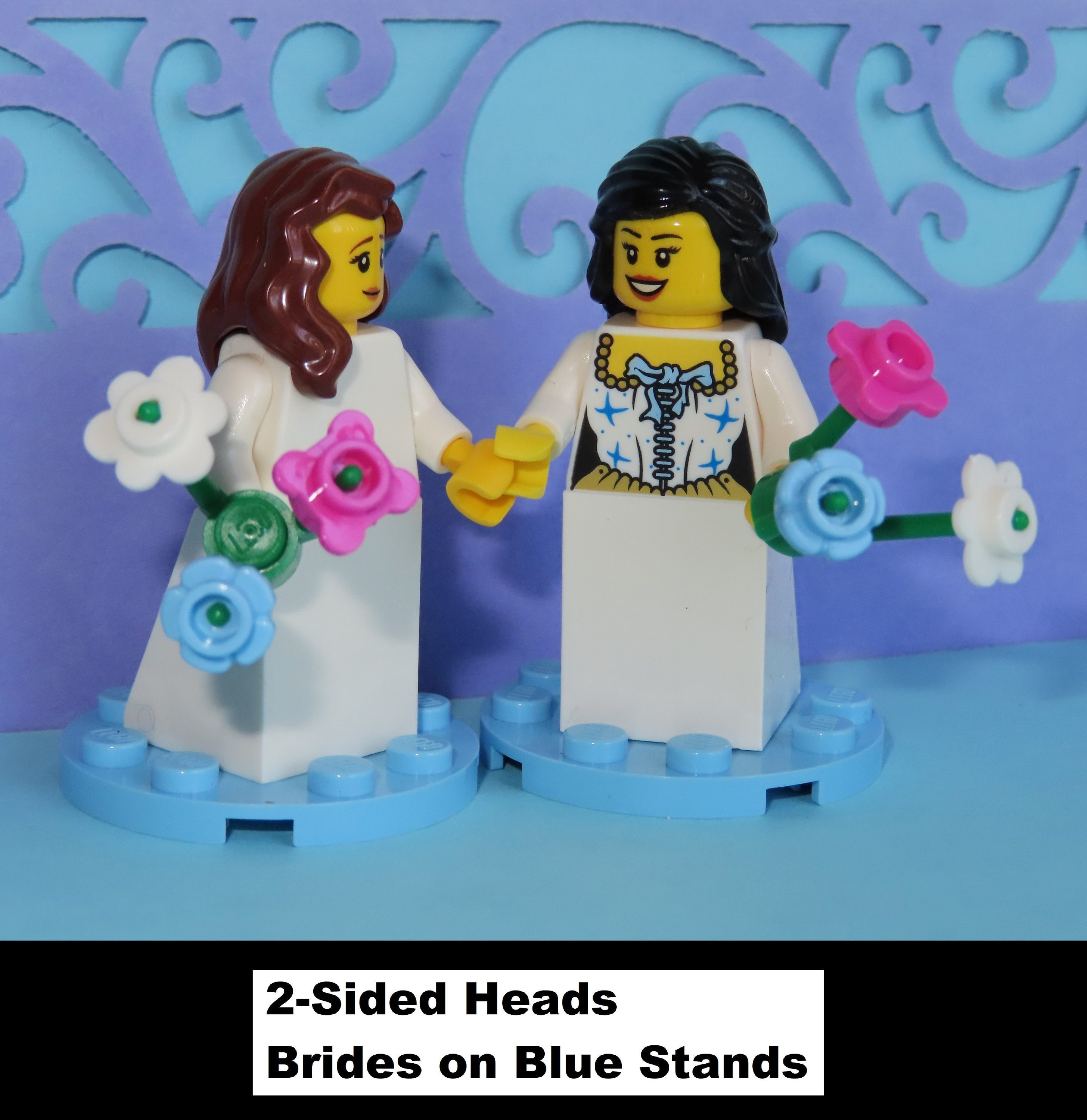 Funny 2-sided Head Lesbian Wedding, Choose Hair Colors, Brides, Scared Gown Minifigure Same Sex Cake Topper- Made of Lego Bricks LGBT Comic