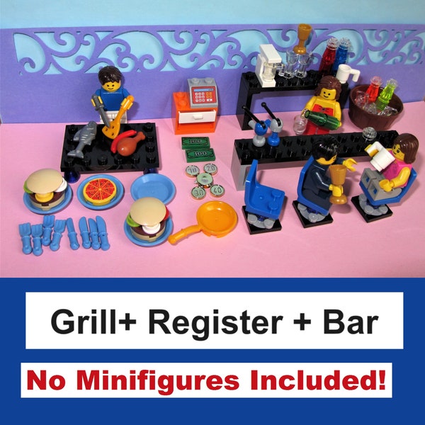 Soda Coffee Shop, Cafe or Bar +/- BBQ Barbeque or Cash Register w Money, Cafeteria, House Home Diner - Made of Lego Bricks *No Minifigures!*