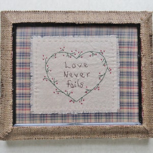 Primitive Heart Berries And Vine Sampler On Homespun Fabric With Burlap Covered Frame