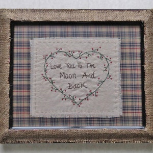 Primitive Heart Berries And Vine Sampler On Homespun Fabric With Burlap Covered Frame