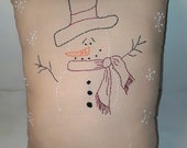 FREE Shipping!! Primitive, Farmhouse Decor, Rustic Snowman, Hand Embroidered, Christmas Accent Pillow with Doily Embellishment on Back