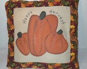Price Reduced! FREE Shipping! Pumpkin Trio Hand-Quilted, Hand-Embroidered Autumn, Farmhouse, Folk Art,  Primitive Hand-Painted Accent Pillow