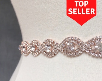 Custom Thin Rose Gold Crystal Rhinestone Belt -  Rose gold Bridal Belt - Bridesmaids Belt - rose gold Bridal Sash - Crystal Belt -  EYM B036