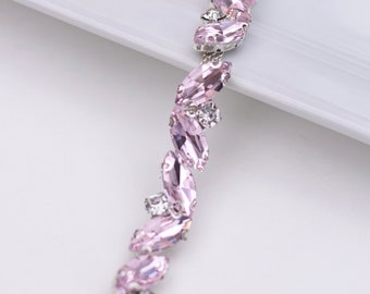 Light Pink Rhinestone bridal Belt with ribbon sash for Wedding Dress Accessory