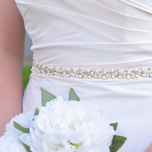 Gold Bridal Belt with Pearl- Full length wedding belt with clasp- Pearl Bridesmaids Belt- Narrow Gold Wedding Belt with hook- EYM B090