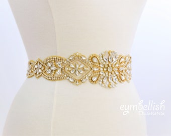 Thick Gold Crystal Rhinestone Bridal Sash, Wedding Belt- gold Rhinestone Belt - gold Wedding Accessories -  vintage gold bling sash- B104