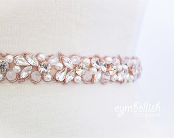 Rose Gold Thin Crystal Rhinestone and pearl bridal Belt- Rose Gold Bridal sash or Bridesmaids Belt- Thin Embellished Pageant Belt -EYM B120