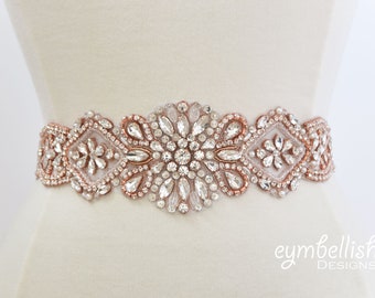 Rose Gold Crystal Rhinestone Bridal Belt on Satin Sash - Bridal Sash - Rosegold Rhinestone Belt - Rose gold Wedding Accessories B104