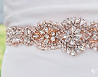 Rose Gold Crystal Rhinestone Bridal Belt on Satin Sash - Bridal Sash - Rosegold Rhinestone Belt - Rose gold Wedding Accessories b098