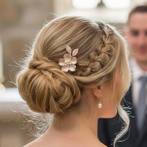 May include: A bride with blonde hair styled in a braided updo, adorned with a floral hair clip. She wears a white lace wedding dress. A man in a dark suit stands in the background, blurred. The setting appears to be a wedding ceremony.